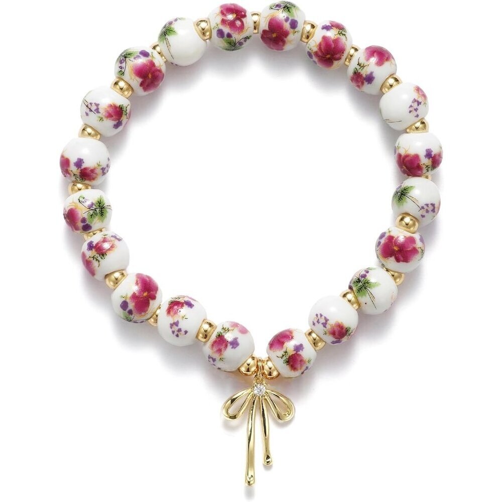 Red with Gold Flower Handmade Stretch Dainty Bead Bow Charm Bracelet for Women